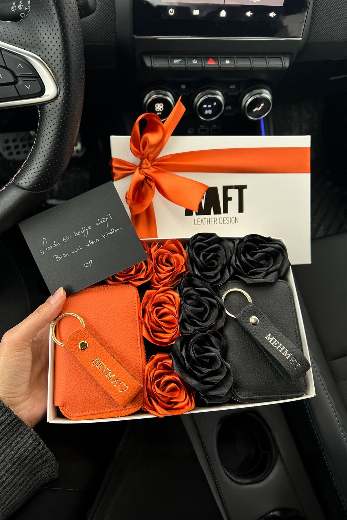 Lotus 2'li Rose Box Deri Cüzdan Seti – Turuncu ve Siyah