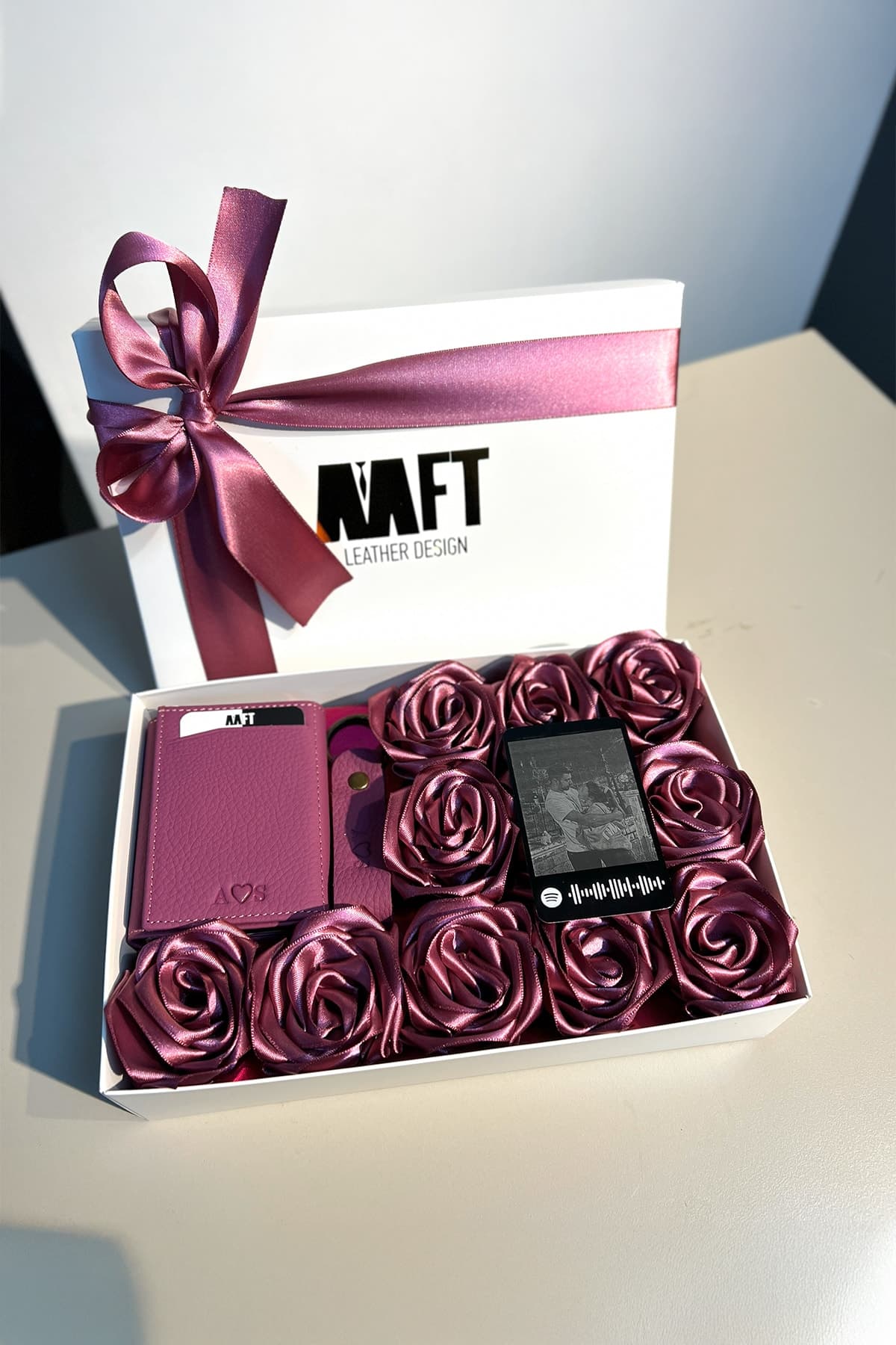 Retro Rose Box İsme Özel Deri Cüzdan Seti – Fuşya