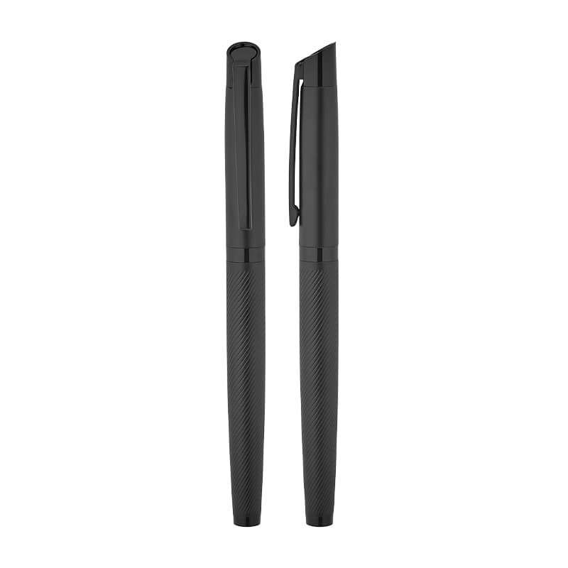 Eğik Başlıklı Çizgi Desenli Metal Roller Kalem – Siyah-Siyah Klips