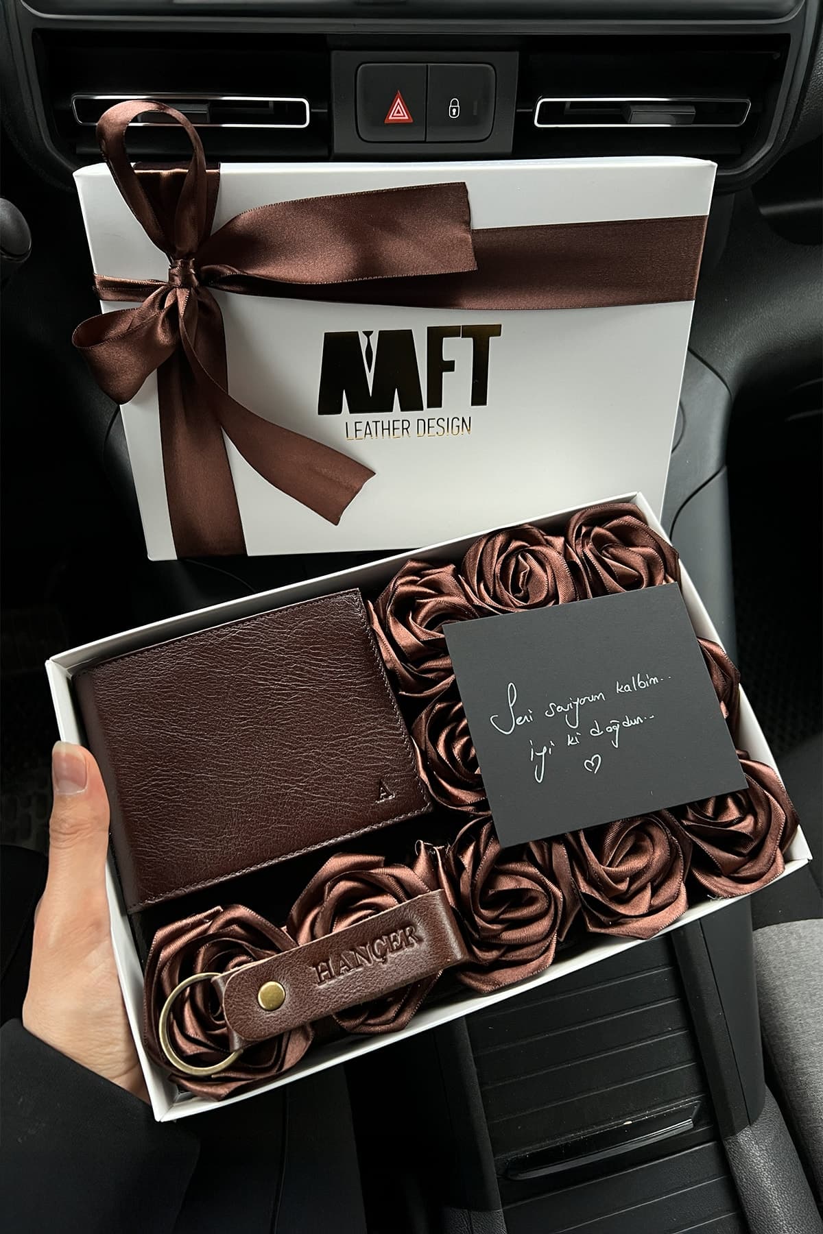 Bond Rose Box İsme Özel Deri Cüzdan Seti – Kahve
