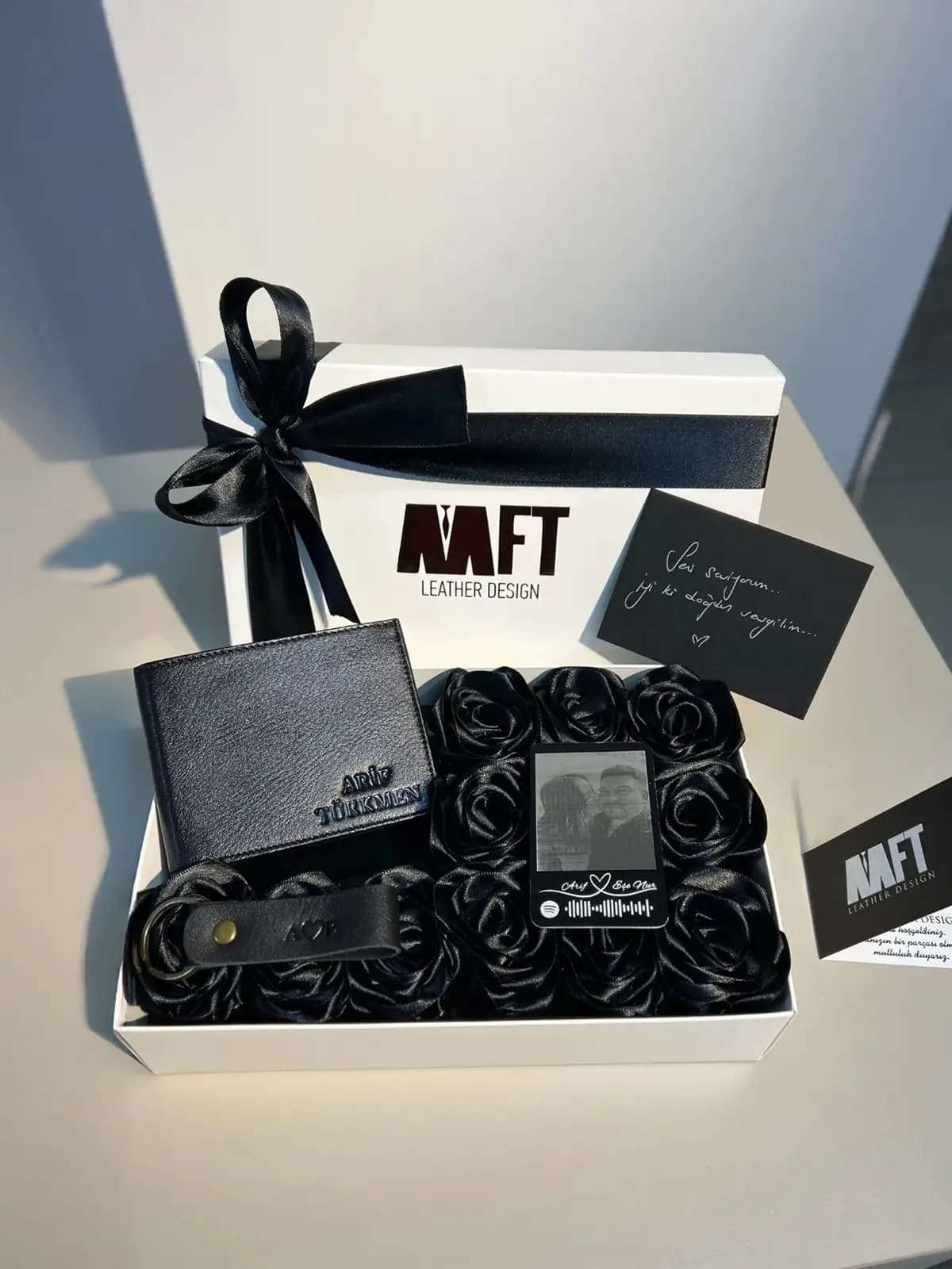 Matte Rose Box Kişiye Özel Hakiki Deri Cüzdan Seti – Siyah – Napa Siyah