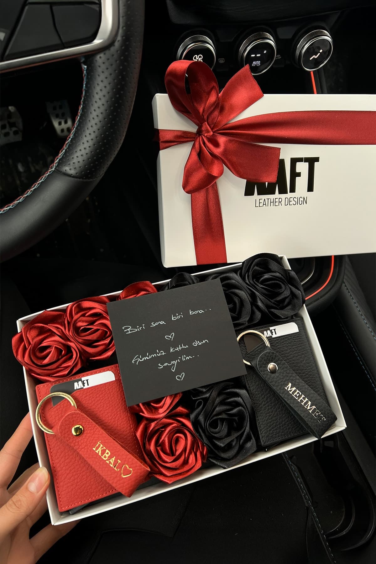 Retro 2'li Rose Box Deri Cüzdan Seti – Kırmızı ve Siyah